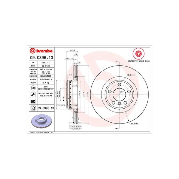 Bromsskiva Bromsskiva tvådelad, Bakaxel Brembo 09.C396.13 BREMBO Bromsskiva Bromsskiva tvådelad, Bakaxel Brembo 09.C396.13 BREMBO