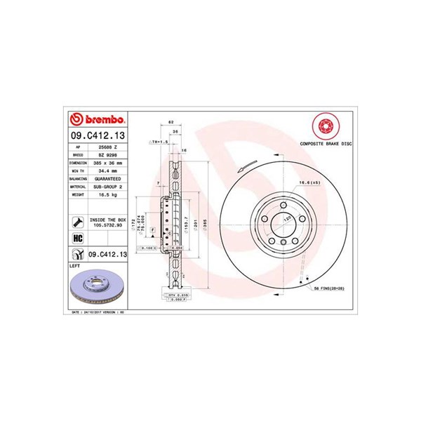 Bromsskiva, Framaxel, framaxel vänster Brembo 09.C412.13 BREMBO