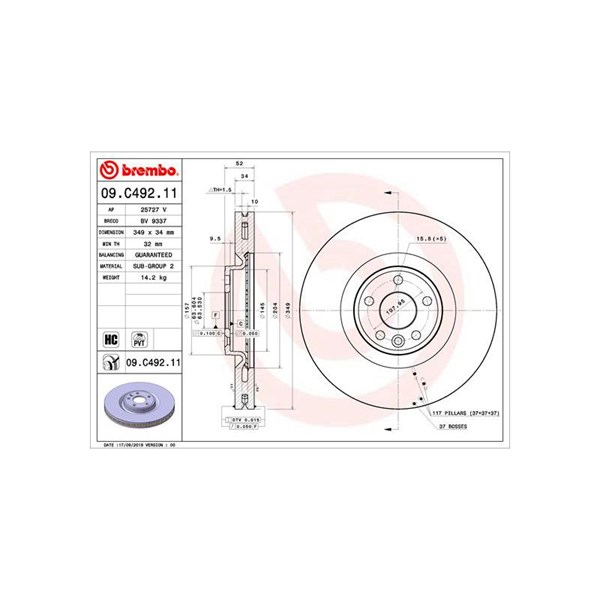 Bromsskiva Ventilerad, Framaxel Brembo 09.C492.11 BREMBO