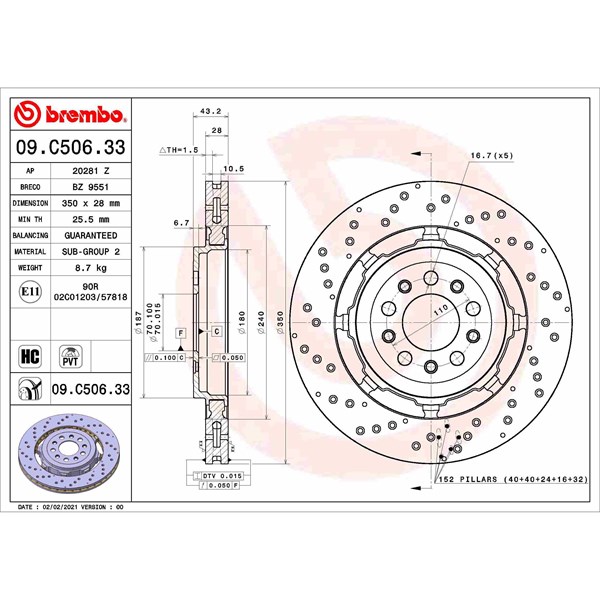 Bromsskiva Ventilerad, Bakaxel Brembo 09.C506.33 BREMBO