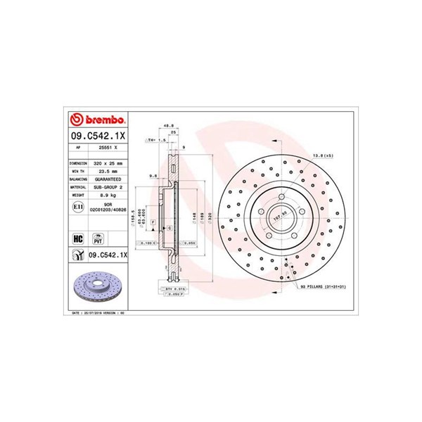 Bromsskiva Hålad/ventilerad, Framaxel Brembo 09.C542.1X BREMBO