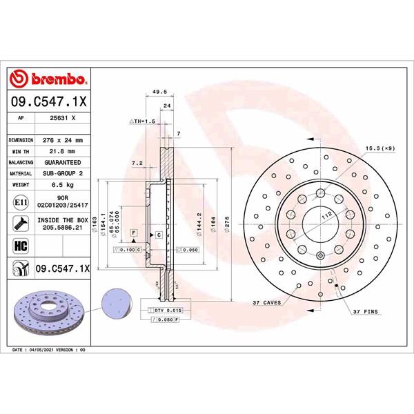 Bromsskiva Hålad/ventilerad, Framaxel Brembo 09.C547.1X BREMBO
