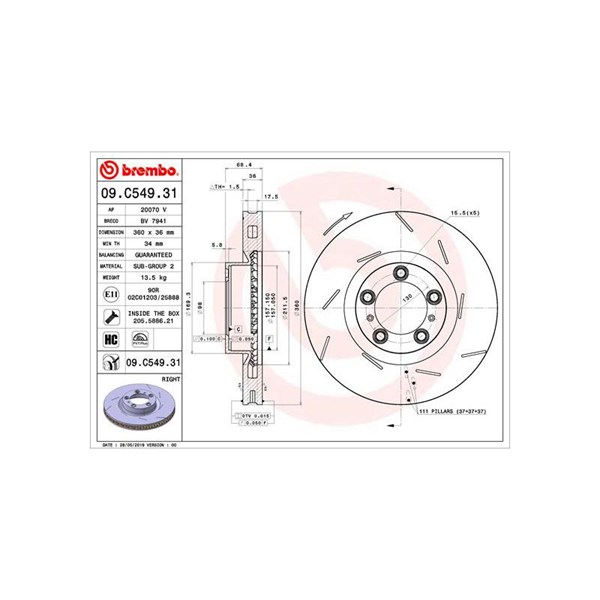 Bromsskiva Ventilerad, Framaxel, framaxel höger Brembo 09.C549.31 BREMBO
