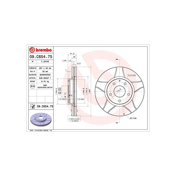 Bromsskiva Ventilerad, Framaxel Brembo Brembo max line 09.C654.75 BREMBO