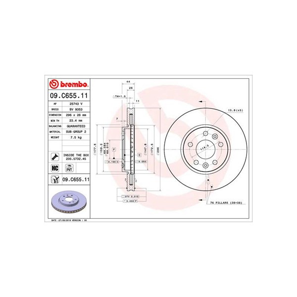 Bromsskiva Ventilerad, Framaxel, Bakaxel Brembo 09.C655.11 BREMBO