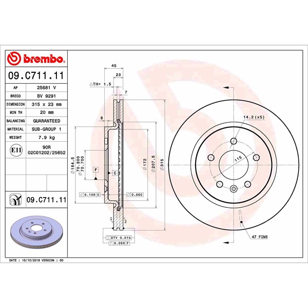 Bromsskiva Ventilerad, Bakaxel Brembo Coated disc line 09.C711.11 BREMBO