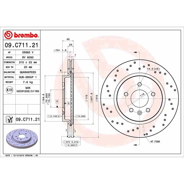 Bromsskiva Hålad/ventilerad, Bakaxel Brembo 09.C711.21 BREMBO