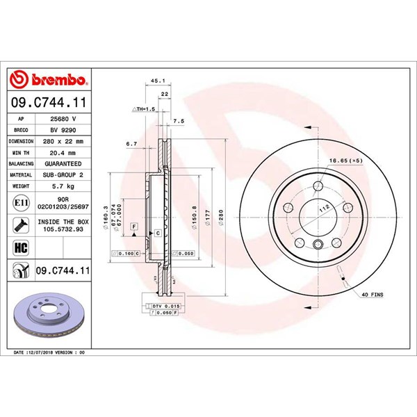 Bromsskiva Ventilerad, Framaxel Brembo 09.C744.11 BREMBO