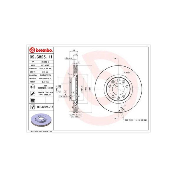 Bromsskiva Ventilerad, Framaxel Brembo 09.C825.11 BREMBO
