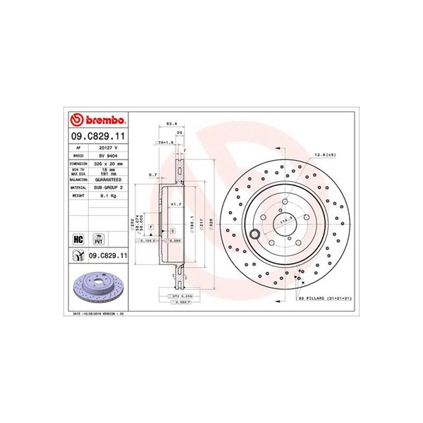 Bromsskiva Hålad/ventilerad, Bakaxel Brembo 09.C829.11 BREMBO