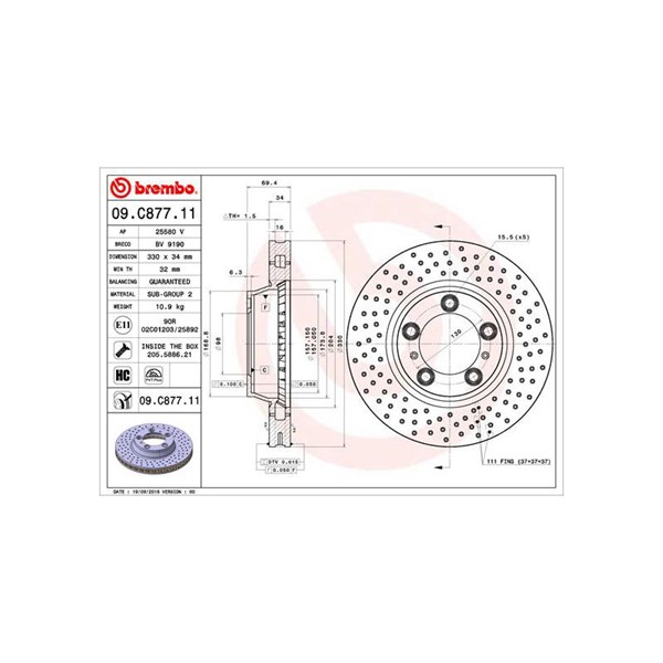 Bromsskiva Hålad/ventilerad, Framaxel Brembo 09.C877.11 BREMBO