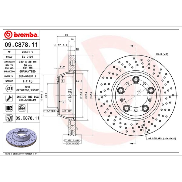 Bromsskiva Hålad/ventilerad, Bakaxel Brembo 09.C878.11 BREMBO