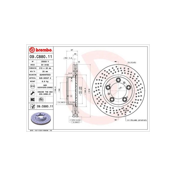 Bromsskiva Hålad/ventilerad, Framaxel Brembo 09.C880.11 BREMBO