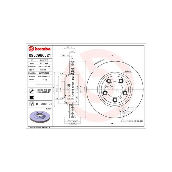 Bromsskiva Ventilerad, Framaxel, framaxel höger Brembo 09.C986.21 BREMBO