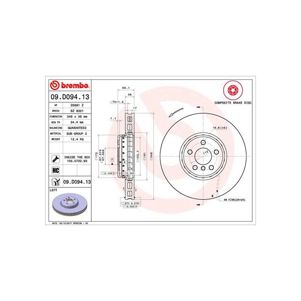 Bromsskiva, Framaxel, framaxel vänster Brembo 09.D094.13 BREMBO Bromsskiva, Framaxel, framaxel vänster Brembo 09.D094.13 BREMBO