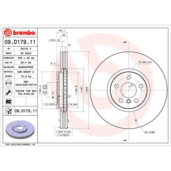 Bromsskiva Ventilerad, Framaxel Brembo 09.D179.11 BREMBO