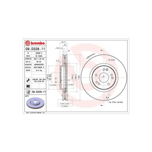 Bromsskiva, Framaxel, framaxel vänster Brembo 09.D228.11 BREMBO Bromsskiva, Framaxel, framaxel vänster Brembo 09.D228.11 BREMBO