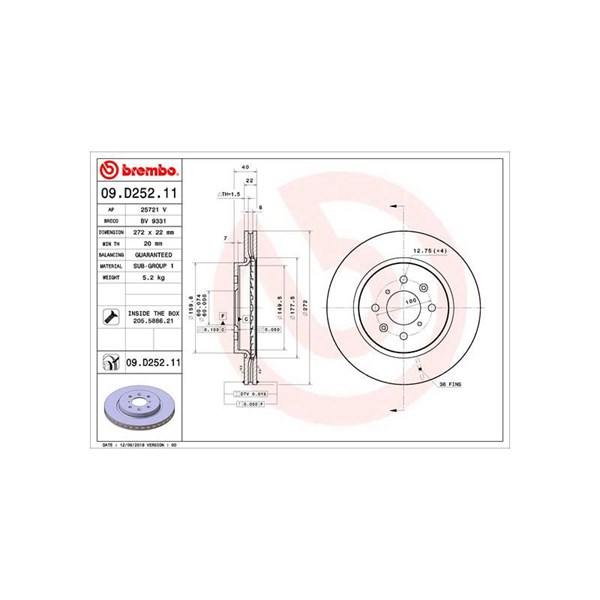 Bromsskiva Ventilerad, Framaxel Brembo 09.D252.11 BREMBO Bromsskiva Ventilerad, Framaxel Brembo 09.D252.11 BREMBO