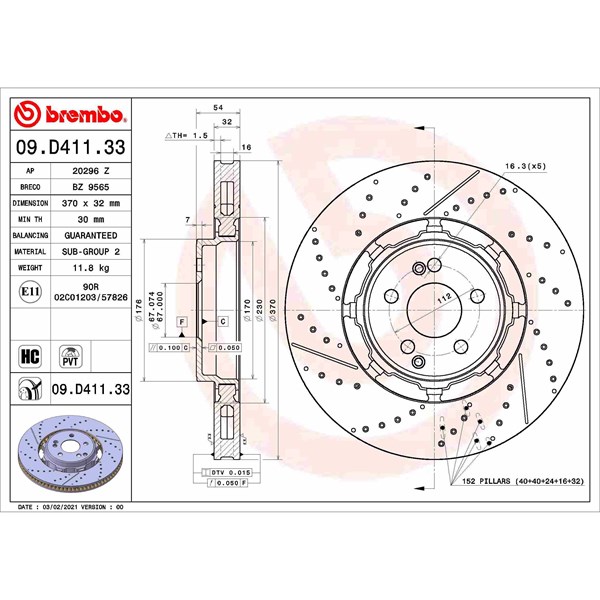 Bromsskiva Ventilerad, Bakaxel Brembo 09.D411.33 BREMBO Bromsskiva Ventilerad, Bakaxel Brembo 09.D411.33 BREMBO