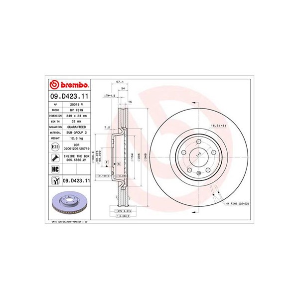 Bromsskiva Ventilerad, Framaxel Brembo 09.D423.11 BREMBO