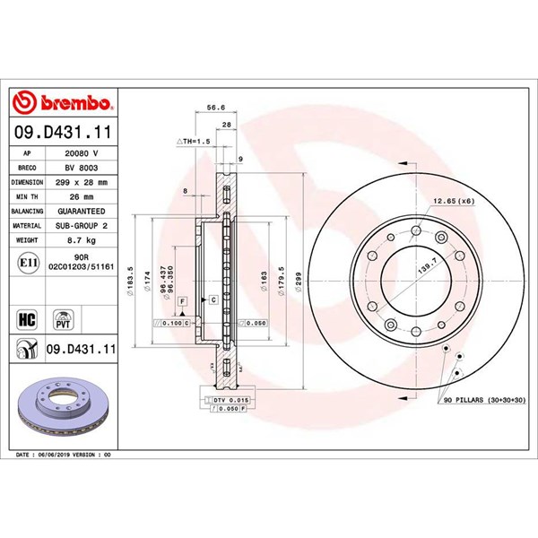 Bromsskiva Ventilerad, Framaxel Brembo 09.D431.11 BREMBO