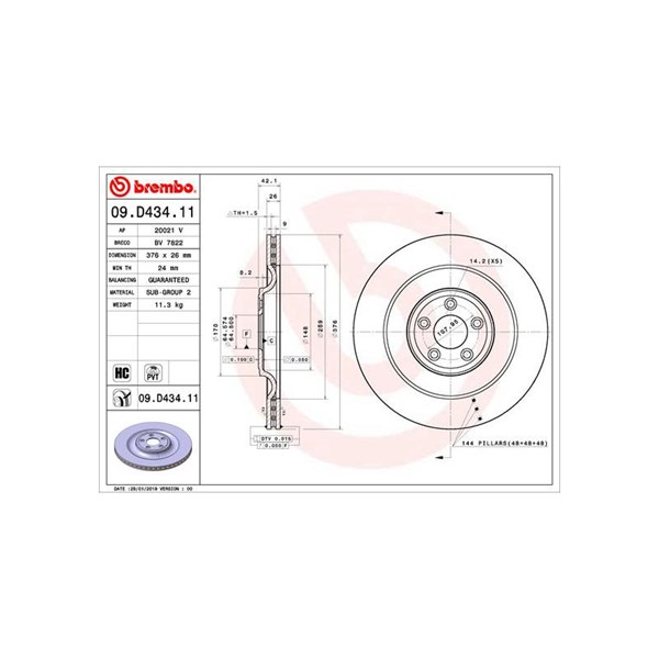 Bromsskiva Ventilerad, Bakaxel Brembo Coated disc line 09.D434.11 BREMBO