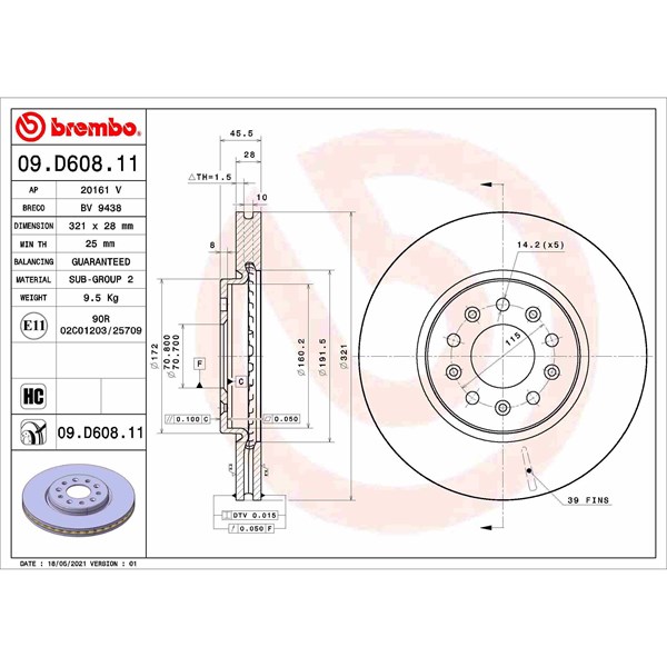 Bromsskiva Ventilerad, Framaxel Brembo 09.D608.11 BREMBO