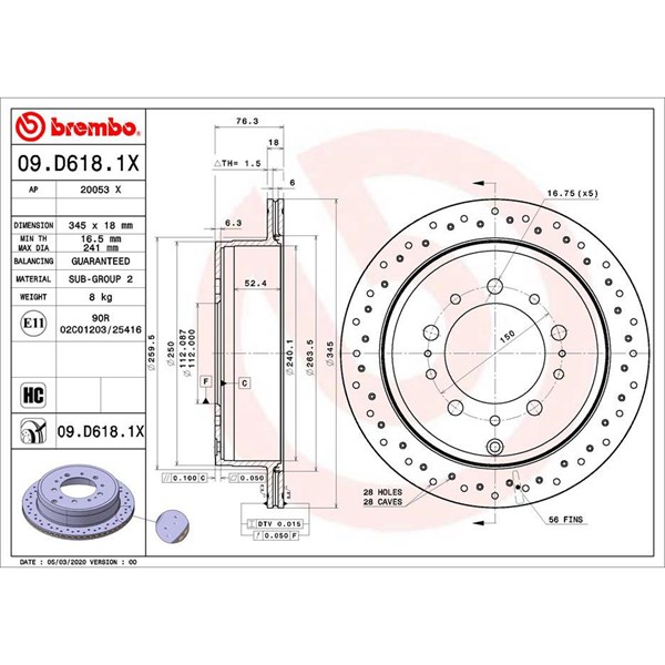 Bromsskiva Hålad/ventilerad, Bakaxel Brembo 09.D618.1X BREMBO
