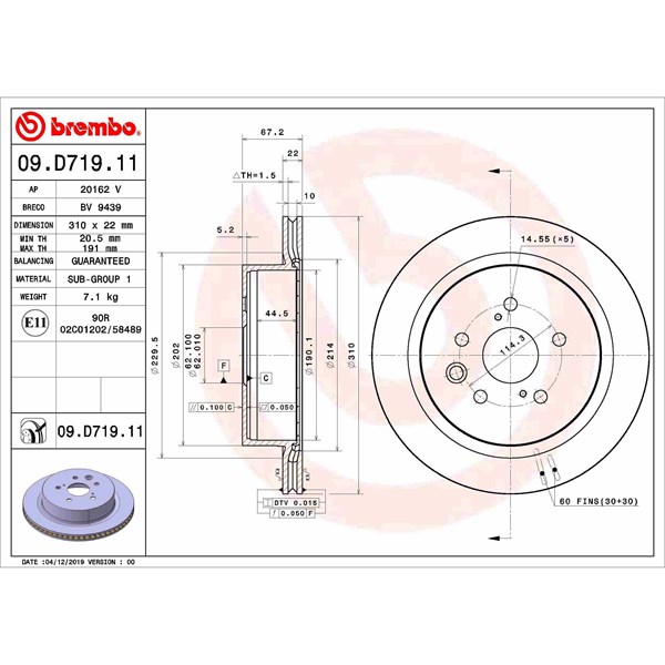 Bromsskiva Ventilerad, Bakaxel Brembo Coated disc line 09.D719.11 BREMBO