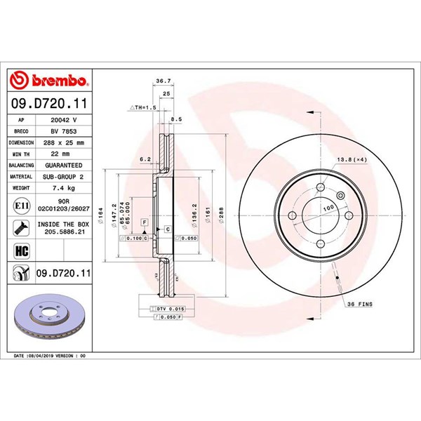 Bromsskiva Ventilerad, Framaxel Brembo 09.D720.11 BREMBO