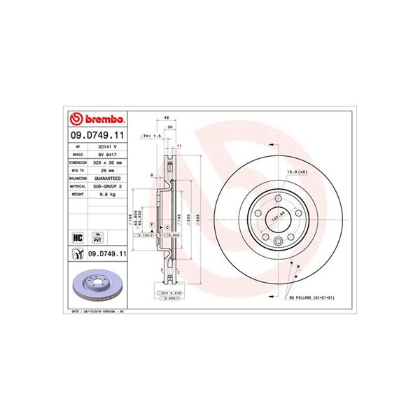 Bromsskiva Ventilerad, Framaxel Brembo 09.D749.11 BREMBO