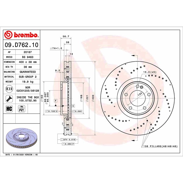 Bromsskiva Ventilerad, Framaxel Brembo 09.D762.10 BREMBO Bromsskiva Ventilerad, Framaxel Brembo 09.D762.10 BREMBO