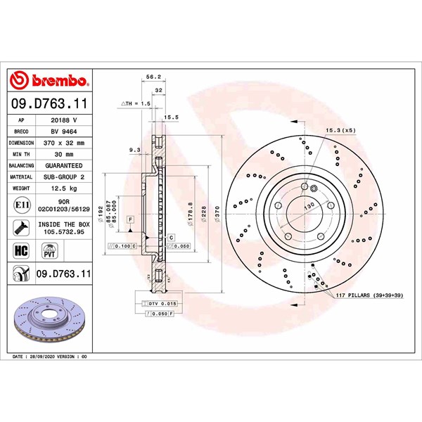 Bromsskiva Ventilerad, Bakaxel Brembo Coated disc line 09.D763.11 BREMBO Bromsskiva Ventilerad, Bakaxel Brembo Coated disc line 09.D763.11 BREMBO