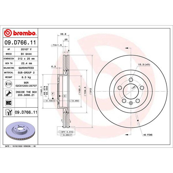 Bromsskiva Ventilerad, Framaxel Brembo 09.D766.11 BREMBO
