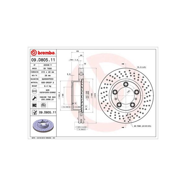 Bromsskiva Hålad/ventilerad, Framaxel Brembo 09.D805.11 BREMBO