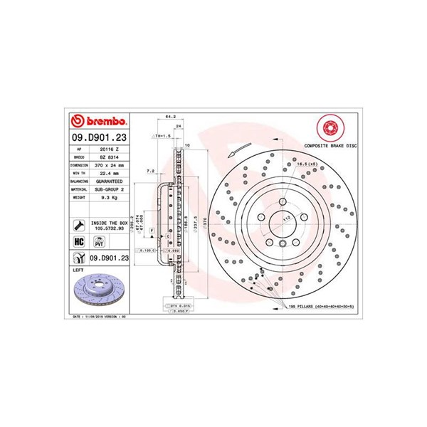 Bromsskiva, Bakaxel, Bakaxel vänster Brembo 09.D901.23 BREMBO Bromsskiva, Bakaxel, Bakaxel vänster Brembo 09.D901.23 BREMBO