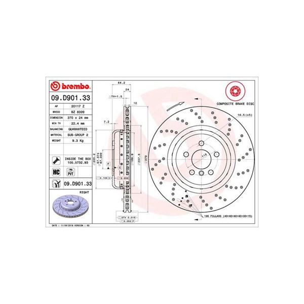 Bromsskiva, Bakaxel, Bakaxel höger Brembo 09.D901.33 BREMBO Bromsskiva, Bakaxel, Bakaxel höger Brembo 09.D901.33 BREMBO