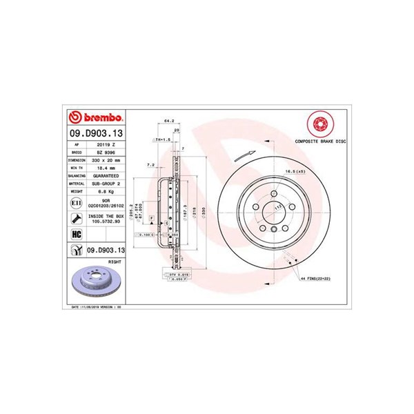 Bromsskiva Ventilerad, Bakaxel, Bakaxel höger Brembo 09.D903.13 BREMBO