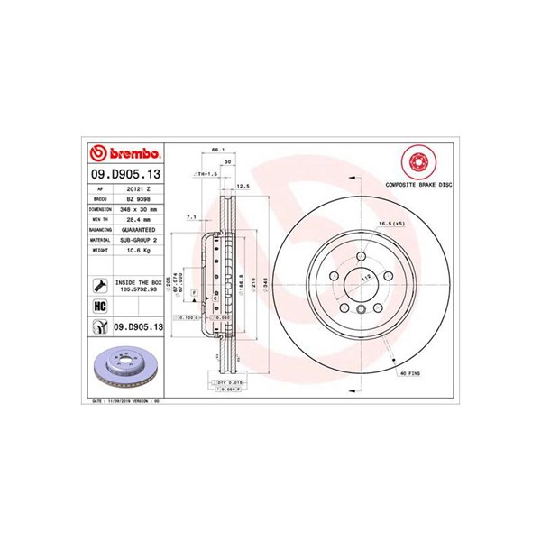 Bromsskiva Ventilerad, Framaxel Brembo 09.D905.13 BREMBO