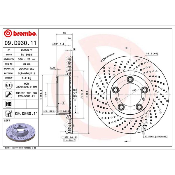 Bromsskiva, Framaxel, framaxel vänster Brembo 09.D930.11 BREMBO