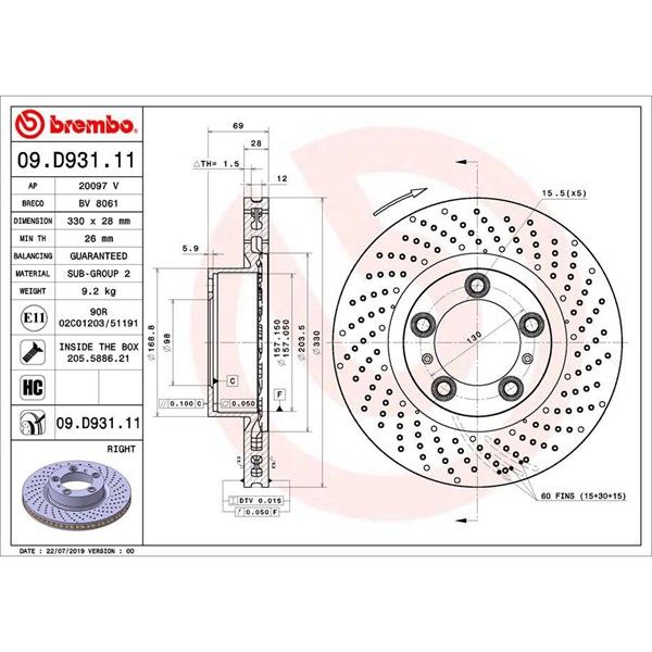 Bromsskiva, Framaxel, framaxel höger Brembo 09.D931.11 BREMBO