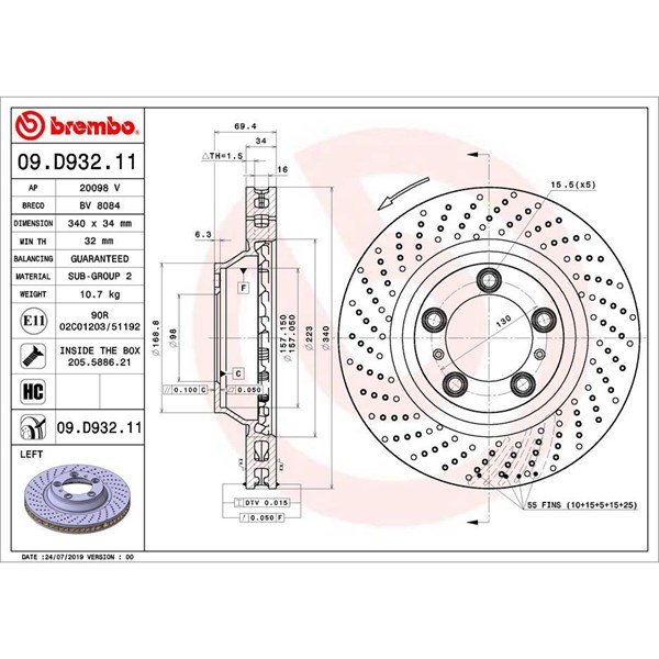 Bromsskiva, Framaxel, framaxel vänster Brembo 09.D932.11 BREMBO