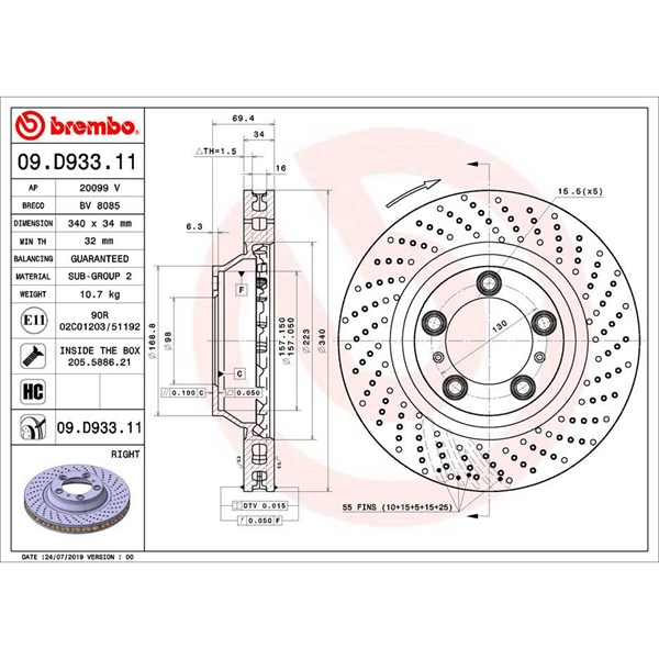 Bromsskiva, Framaxel, framaxel höger Brembo 09.D933.11 BREMBO