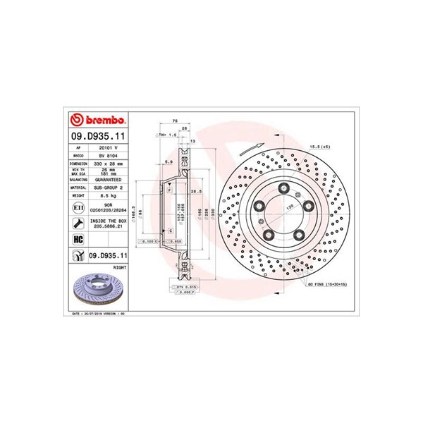 Bromsskiva, Bakaxel, Bakaxel höger Brembo 09.D935.11 BREMBO