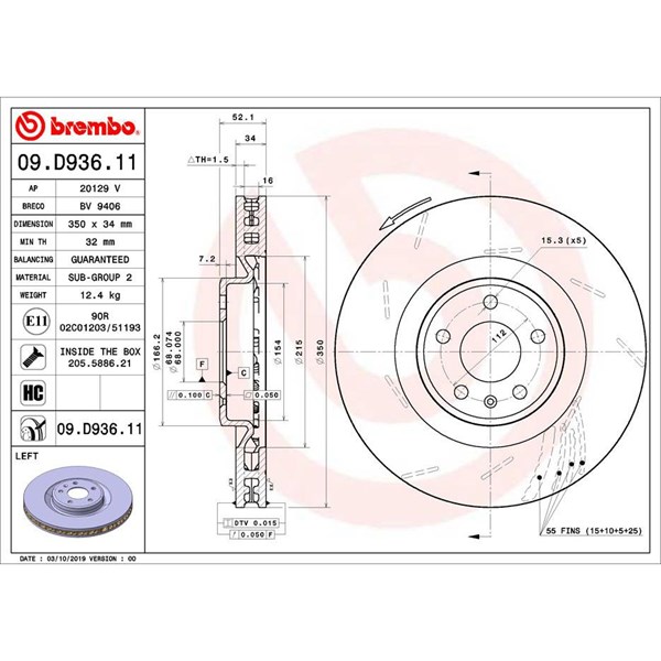 Bromsskiva, Framaxel, framaxel vänster Brembo 09.D936.11 BREMBO