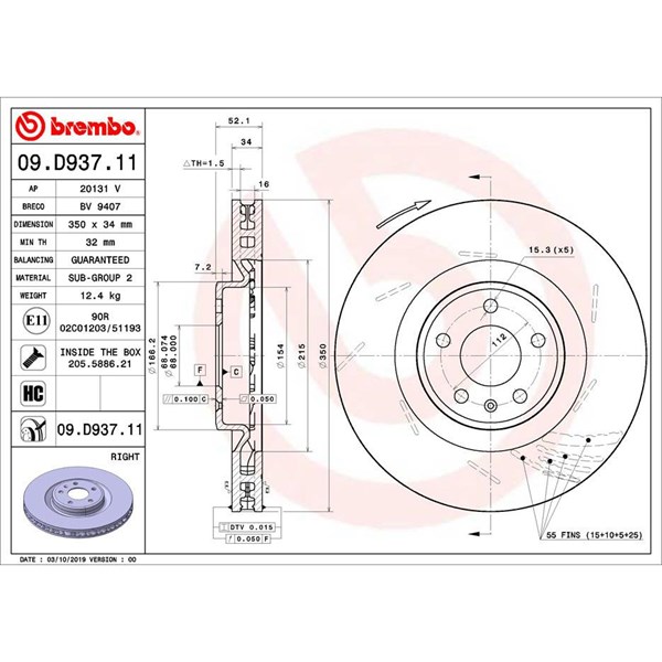 Bromsskiva Ventilerad, Framaxel, framaxel höger Brembo 09.D937.11 BREMBO