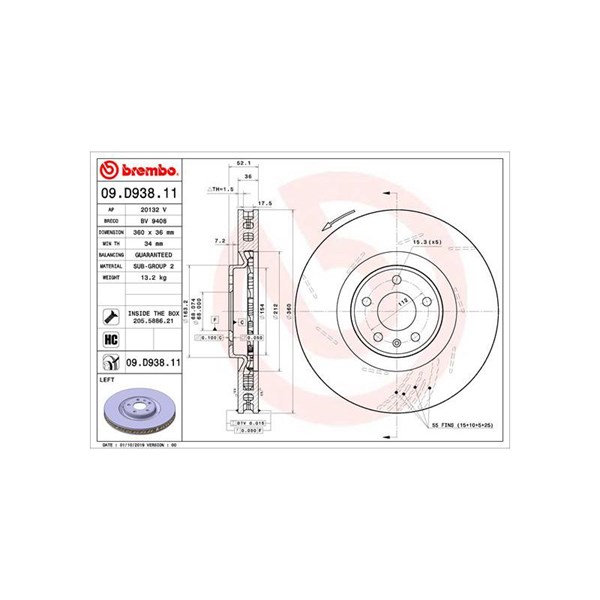 Bromsskiva, Framaxel, framaxel vänster Brembo 09.D938.11 BREMBO
