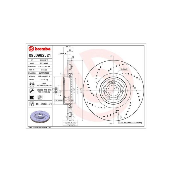 Bromsskiva Ventilerad, Framaxel Brembo 09.D982.21 BREMBO