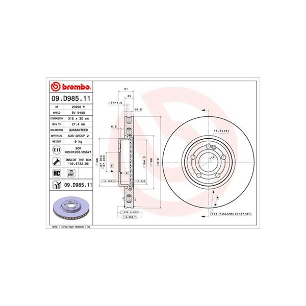 Bromsskiva Ventilerad, Framaxel Brembo 09.D985.11 BREMBO