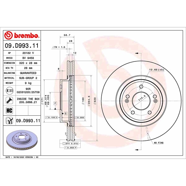 Bromsskiva Ventilerad, Framaxel Brembo 09.D993.11 BREMBO Bromsskiva Ventilerad, Framaxel Brembo 09.D993.11 BREMBO